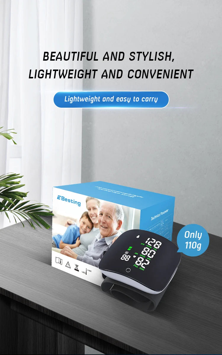 Rechargeable Smart Wrist BP Monitor – LCD Touch & Voice Guide