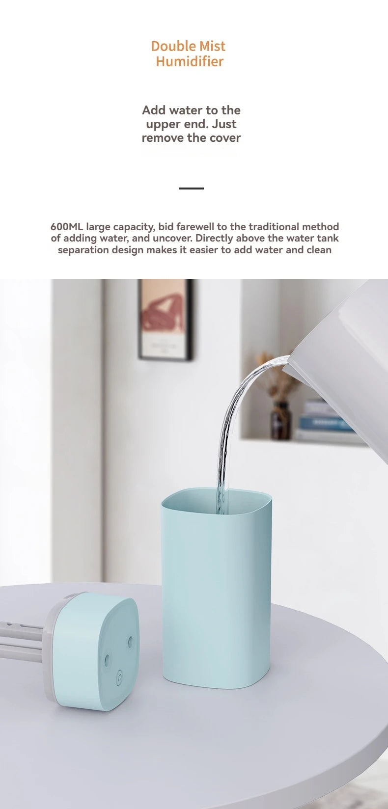 Dual-Nozzle USB Humidifier – 600ml/H Super Mist, Ultra Quiet