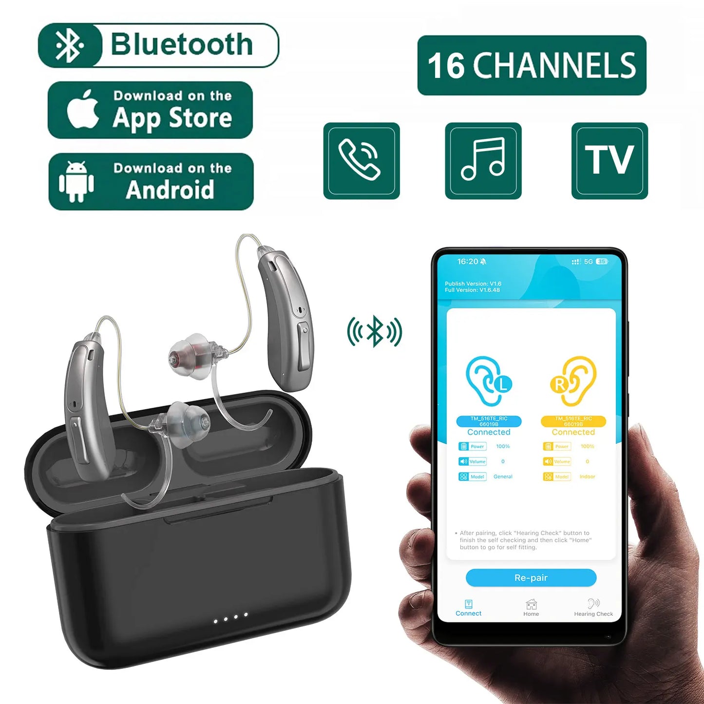 Bluetooth Hearing Aid – 16-Channel Rechargeable with Noise Cancelling