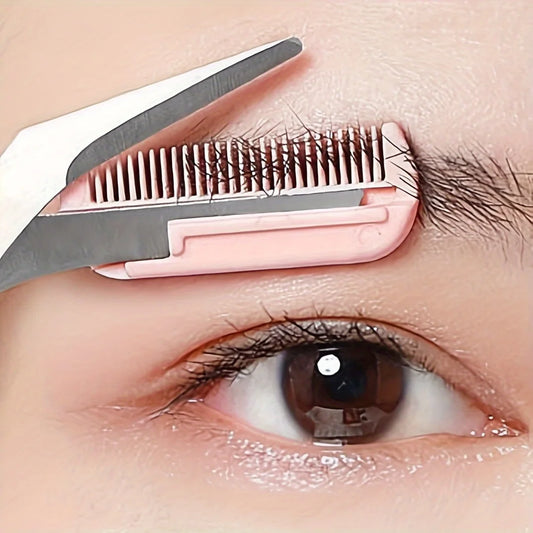 Pink Eyebrow Scissors – Stainless Steel Trimming Tool with Comb