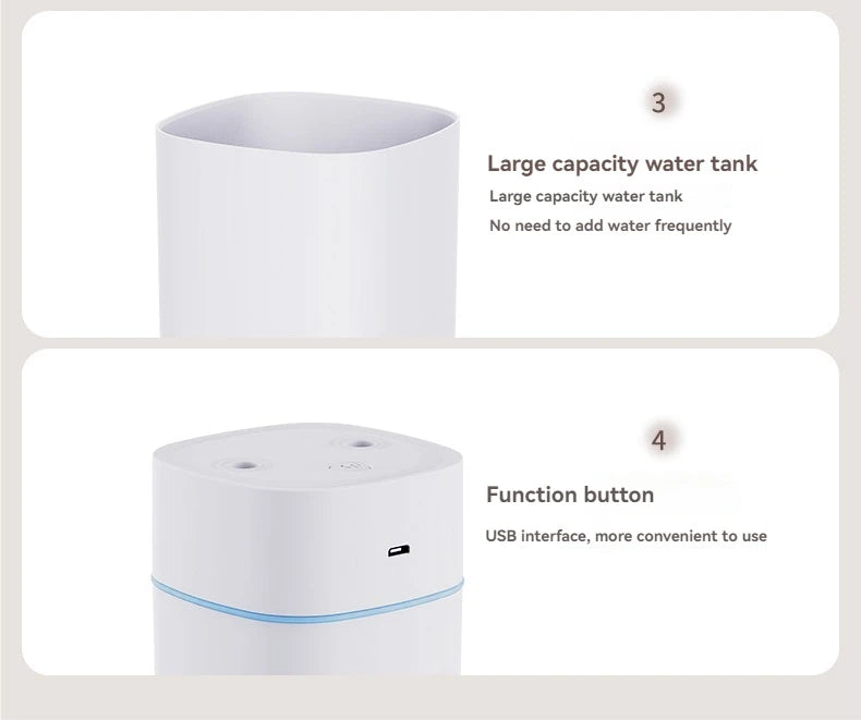 Dual-Nozzle USB Humidifier – 600ml/H Super Mist, Ultra Quiet